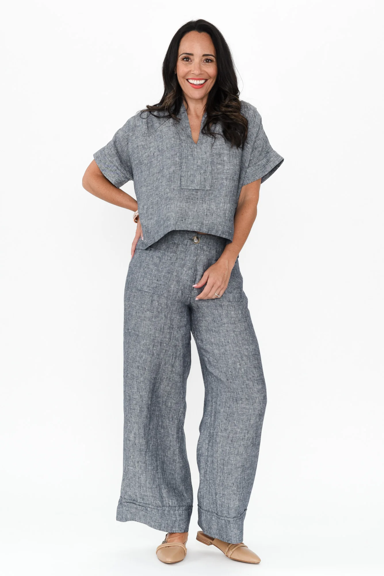 Joss Grey Linen V Neck Top - Image 6
